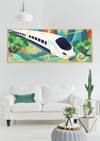 国潮祥云火车装饰画 国潮祥云火车装饰画