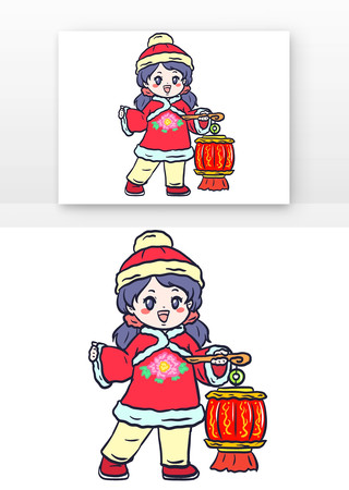 手绘拿灯笼福娃 手绘拿灯笼福娃