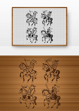 古代骑士战马圆桌骑兵军队黑白矢量雕刻图