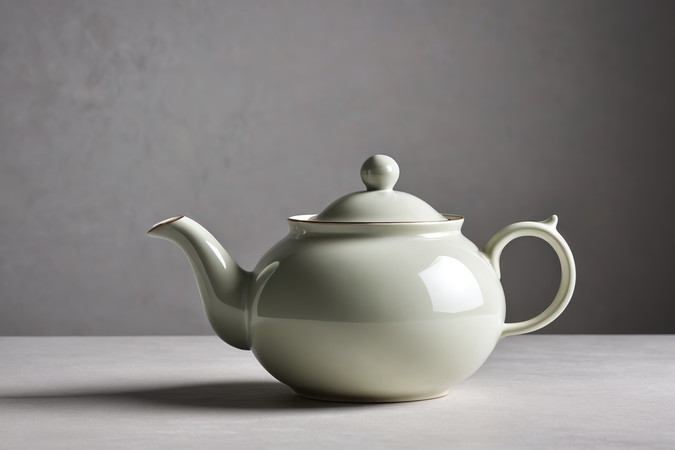 桌子上放着一个茶壶背景是灰色的高清图片