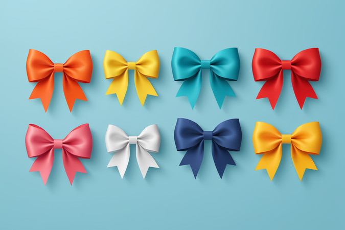 蓝色背景上一组不同颜色弓的特写图片 蓝色背景上一组不同颜色弓的特写图片