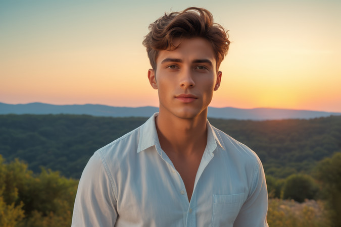 穿着白衬衫的男子站在山前高清图片 穿着白衬衫的男子站在山前高清图片