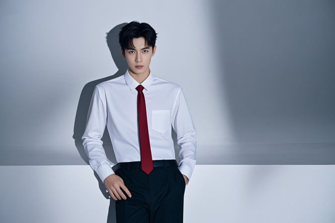 穿着白衬衫和红色领带站在墙上的男子图片 穿着白衬衫和红色领带站在墙上的男子图片