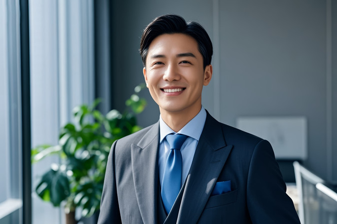 穿着西装打领带的微笑的亚洲男子站在窗前 穿着西装打领带的微笑的亚洲男子站在窗前