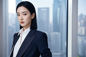 妇女穿着西装站在窗前高清图片