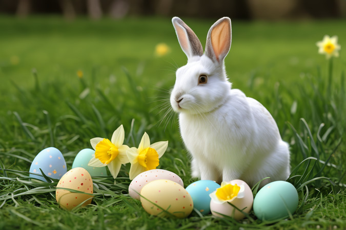草丛中坐着一只白兔上面放着彩蛋高清图片 草丛中坐着一只白兔上面放着彩蛋高清图片