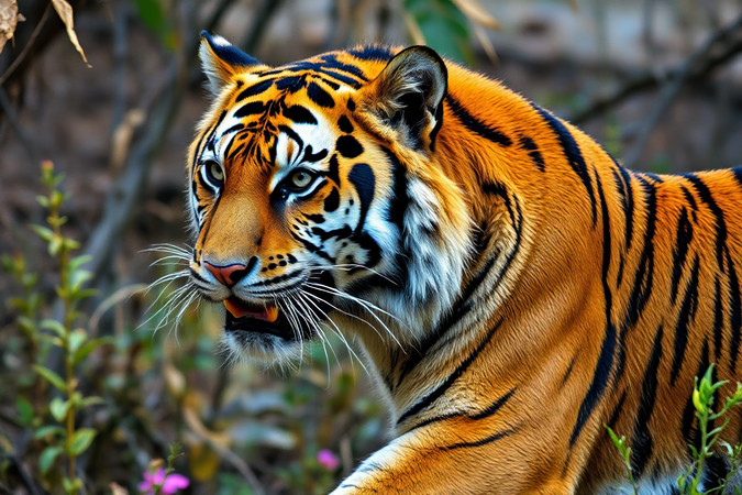 一只老虎在树林里行走鲜花高清图片 一只老虎在树林里行走鲜花高清图片