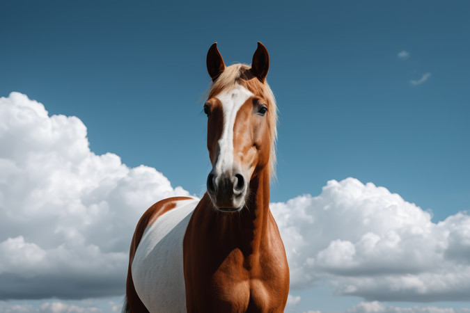 一匹棕色和白色的马站在田野里高清图片 一匹棕色和白色的马站在田野里高清图片