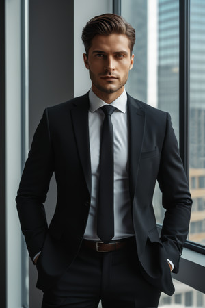 男子穿着西装和领带站在窗前高清图片 男子穿着西装和领带站在窗前高清图片