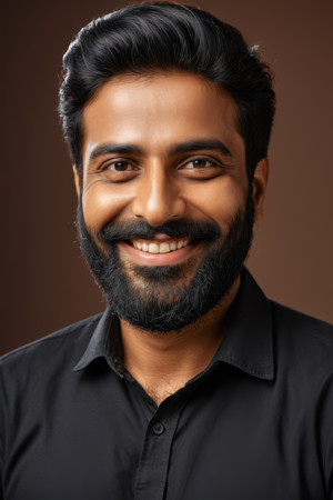 微笑男人留着胡须穿着黑色衬衫摆出姿势拍照 微笑男人留着胡须穿着黑色衬衫摆出姿势拍照