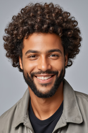 微笑的男人留着卷发留着胡须穿着灰色衬衫 微笑的男人留着卷发留着胡须穿着灰色衬衫