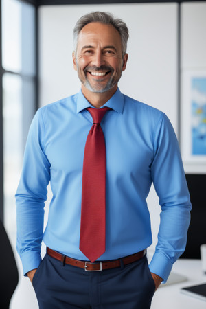 穿着蓝色衬衫和红色领带微笑男子站在办公室 穿着蓝色衬衫和红色领带微笑男子站在办公室