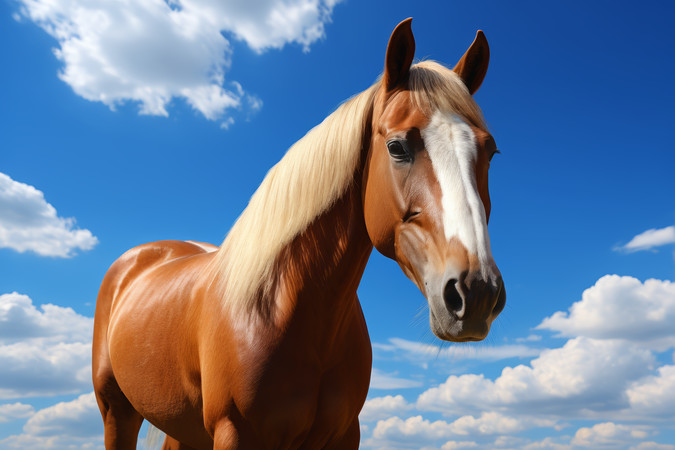 一匹棕色的马站在蓝天的田野里高清图片 一匹棕色的马站在蓝天的田野里高清图片