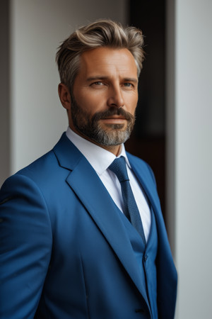 穿着蓝色西装打领带的男子向一侧望去图片 穿着蓝色西装打领带的男子向一侧望去图片