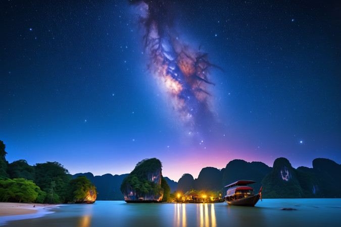 星空夜空一艘船和一个星系高清风景风光图片 星空夜空一艘船和一个星系高清风景风光图片