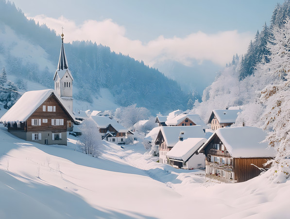 山脉山谷中的雪地乡村风景图片