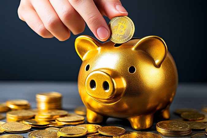 金色存钱罐手放比特币