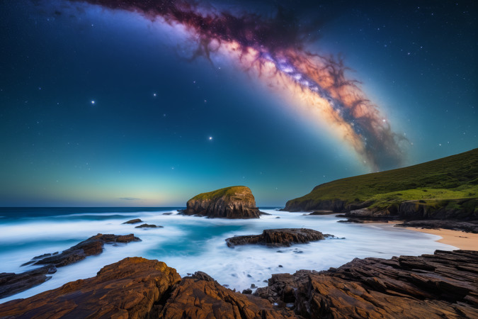 星空飞过岩石海滩和水面高清图片 星空飞过岩石海滩和水面高清图片