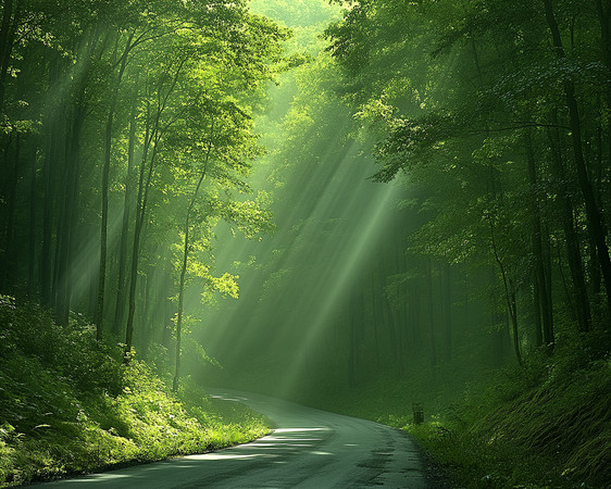 阳光穿透森林照亮蜿蜒小径 阳光穿透森林照亮蜿蜒小径