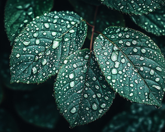 雨后绿叶上的露珠闪耀