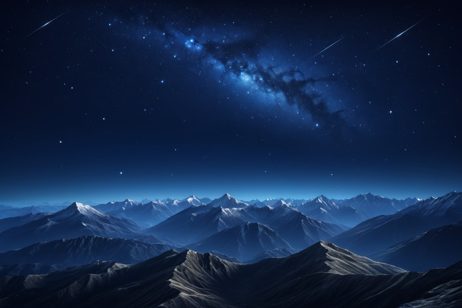 群山上的星空夜空一颗流星高清图片