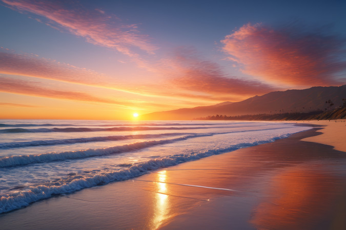 日落一个海滩上波浪和山脉高清图片 日落一个海滩上波浪和山脉高清图片