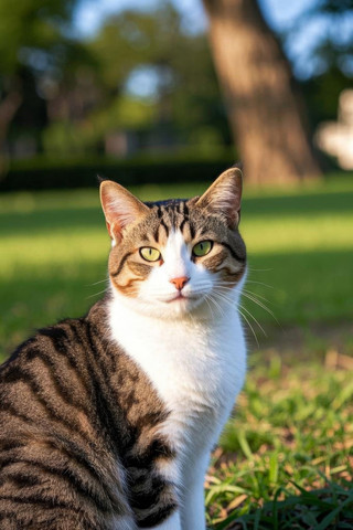 一只猫坐在草地上看着镜头高清图片