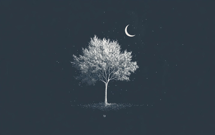 深蓝夜空下的白树与弯月
