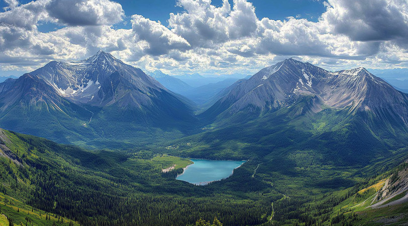 巍峨山脉间的翠绿湖泊与蓝天白云 巍峨山脉间的翠绿湖泊与蓝天白云
