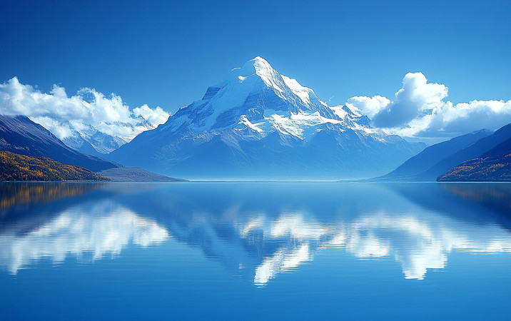 巍峨雪山倒映湖中宁静秋日的壮阔景色 巍峨雪山倒映湖中宁静秋日的壮阔景色