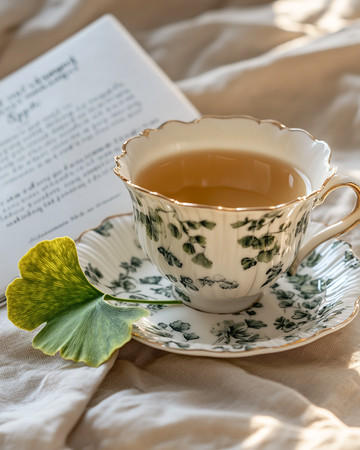阳光下的茶杯与书页