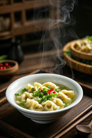 一碗汤里面有面条和蔬菜高清图片