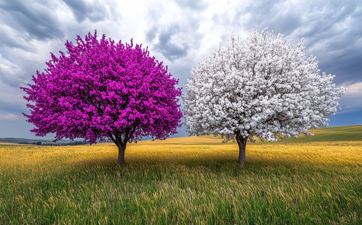 紫色与白色之树在金色麦田中绽放 紫色与白色之树在金色麦田中绽放