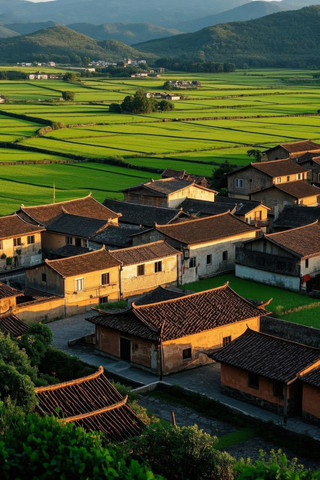 村有很多房子和很多绿地高清图片