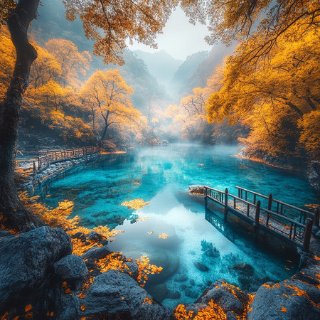 秋日湖畔金叶飘落木桥静立 秋日湖畔金叶飘落木桥静立