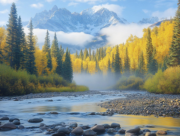 秋日山间金黄树林旁的宁静河流 秋日山间金黄树林旁的宁静河流