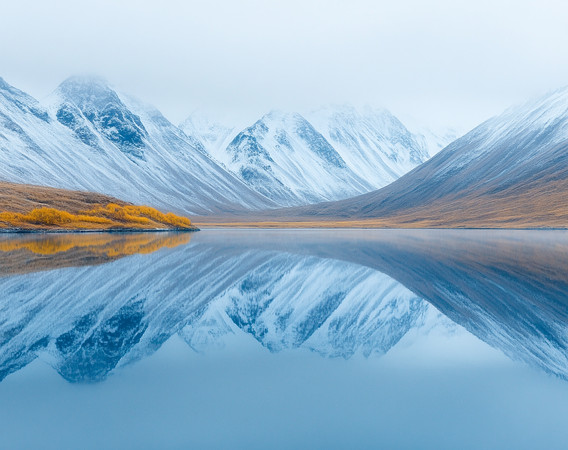 秋日雪山倒影中的静谧湖泊 秋日雪山倒影中的静谧湖泊