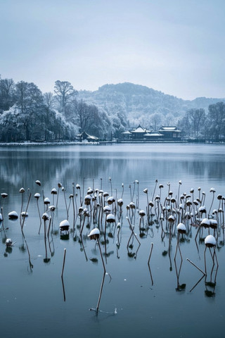 雪落寒塘枯荷意 冬日残荷雪景静谧高清图片