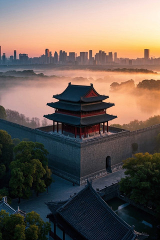 城市中心一座有塔楼的建筑的景观高清图片