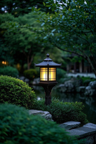 池塘附近石墙上的灯特写高清图片