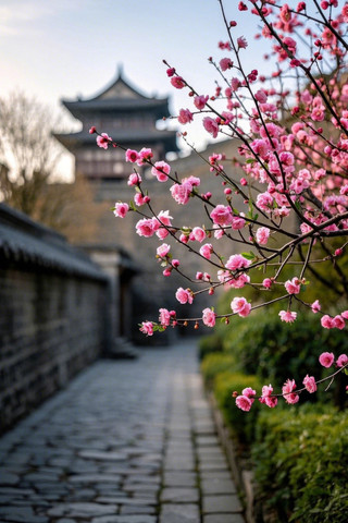 人行道中央一棵粉红色的花树高清图片