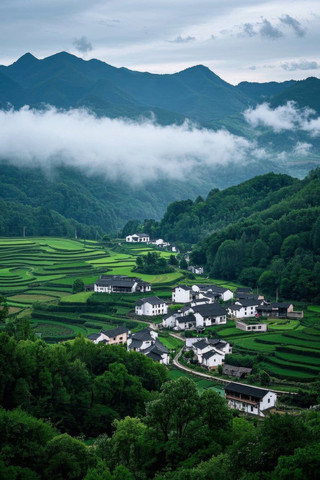 山脉和山谷房屋和树木高清图片