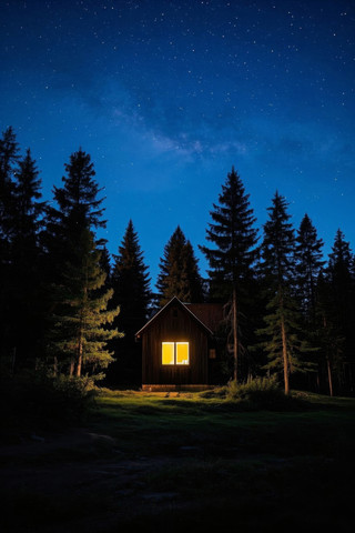树林里小屋的夜间景色窗户明亮高清图片