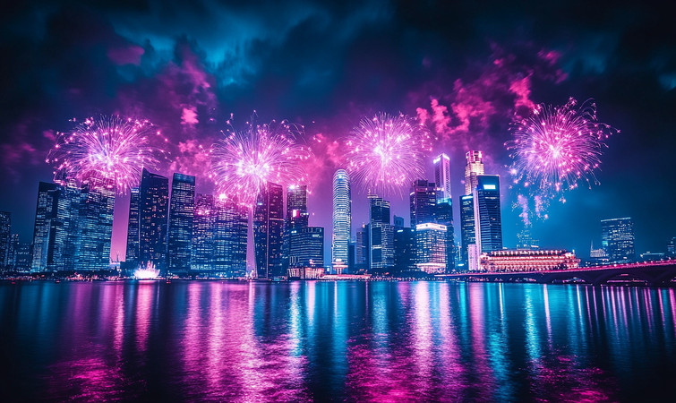 璀璨烟花映照都市夜景
