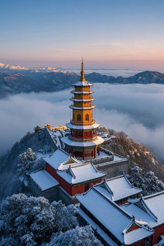 山中央一层雪的宝塔高清图片