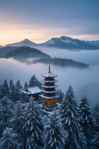 塔雪山中央下面有雾谷高清图片