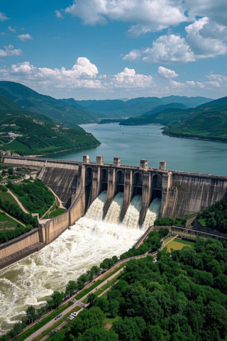 大坝上有大量水流过高清图片