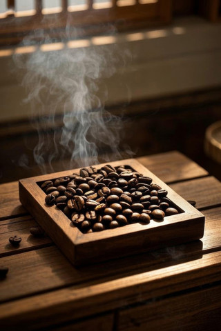 的木箱里冒出咖啡豆的烟雾高清图片