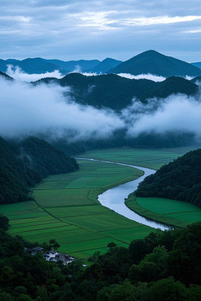 俯瞰着河流和山脉山谷高清图片