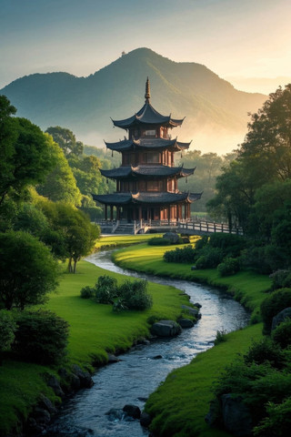 公园里的宝塔一条小溪流过高清图片